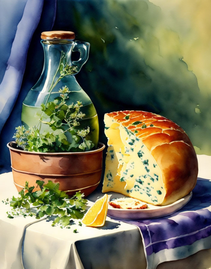 Still Life Watercolor Painting of Bread, Herbs, Cheese, Greens, Oil Bottle, and Orange