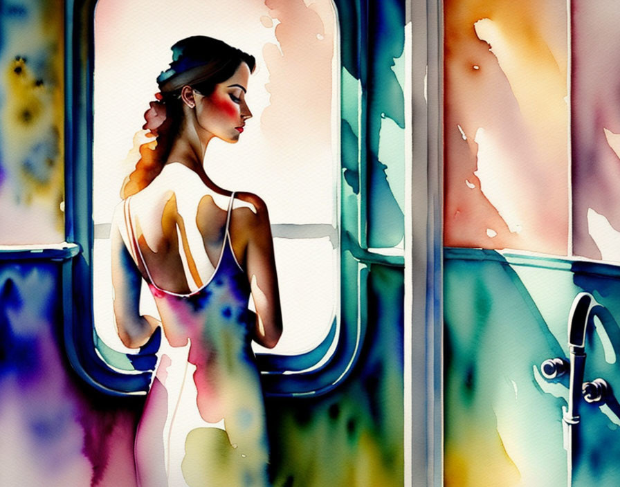 Colorful Watercolor Painting: Woman in Backless Dress by Abstract Window