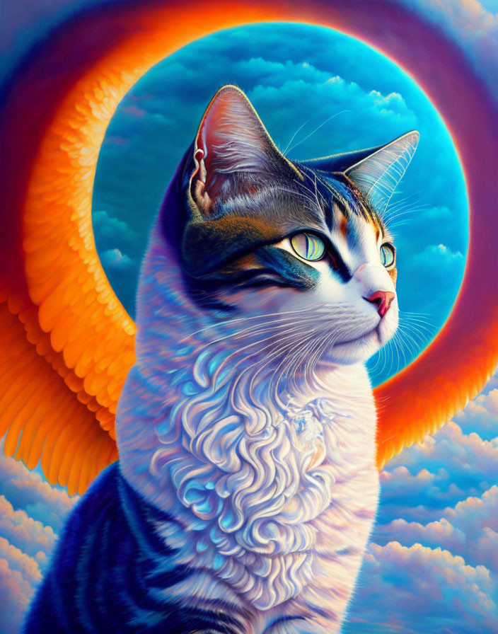 Surreal cat with wings in vibrant orange circle on fluffy cloud backdrop