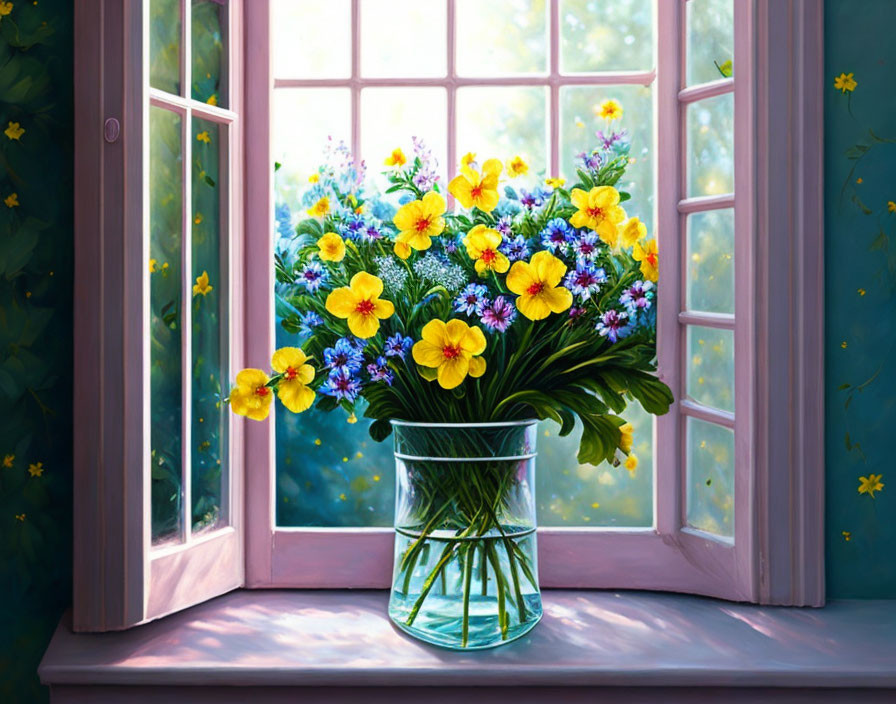 Colorful yellow and blue flower bouquet in clear vase on windowsill with sunlight.