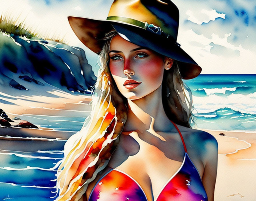 Vibrant beach artwork: woman with hat, expressive brushstrokes