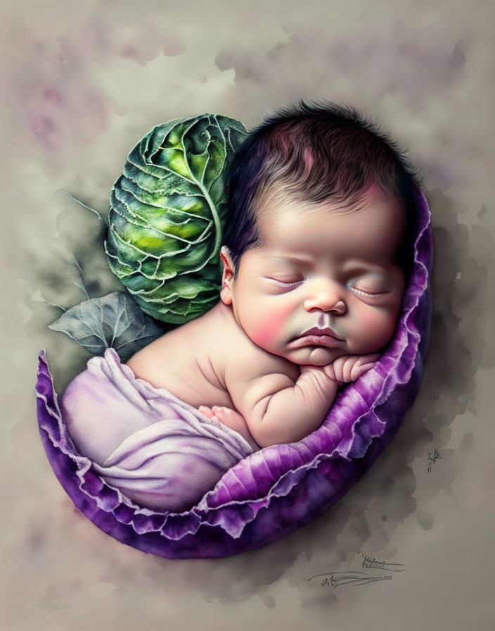 Sleeping baby nestled in cabbage leaves on purple fabric: serene and surreal slumber.