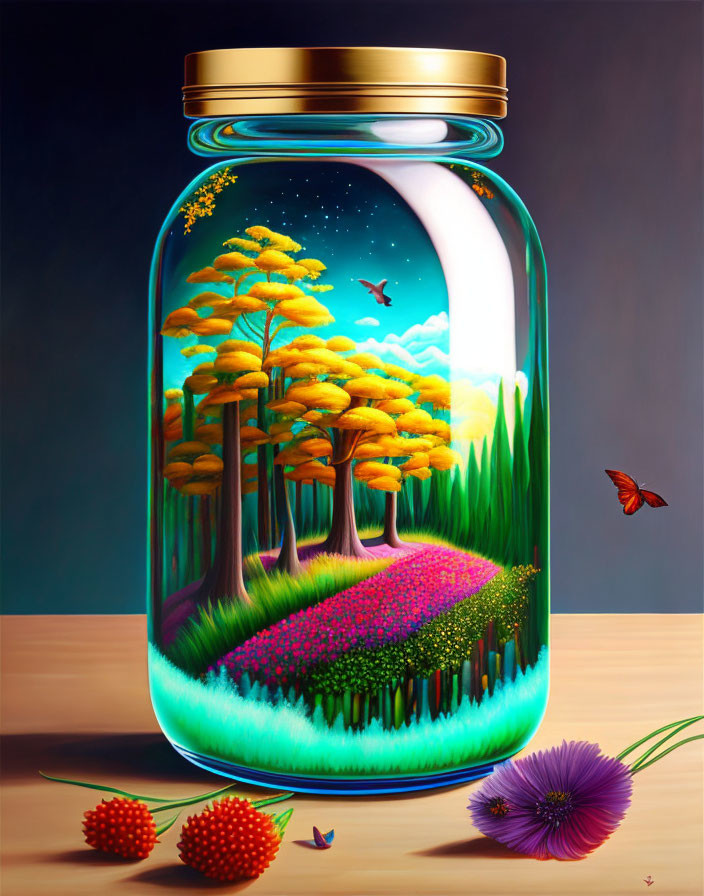 Colorful painting of forest in a jar under starry sky with birds, butterflies, and flowers -