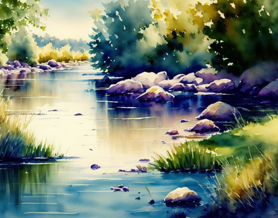 Serene river scene with rocks and lush foliage in watercolor