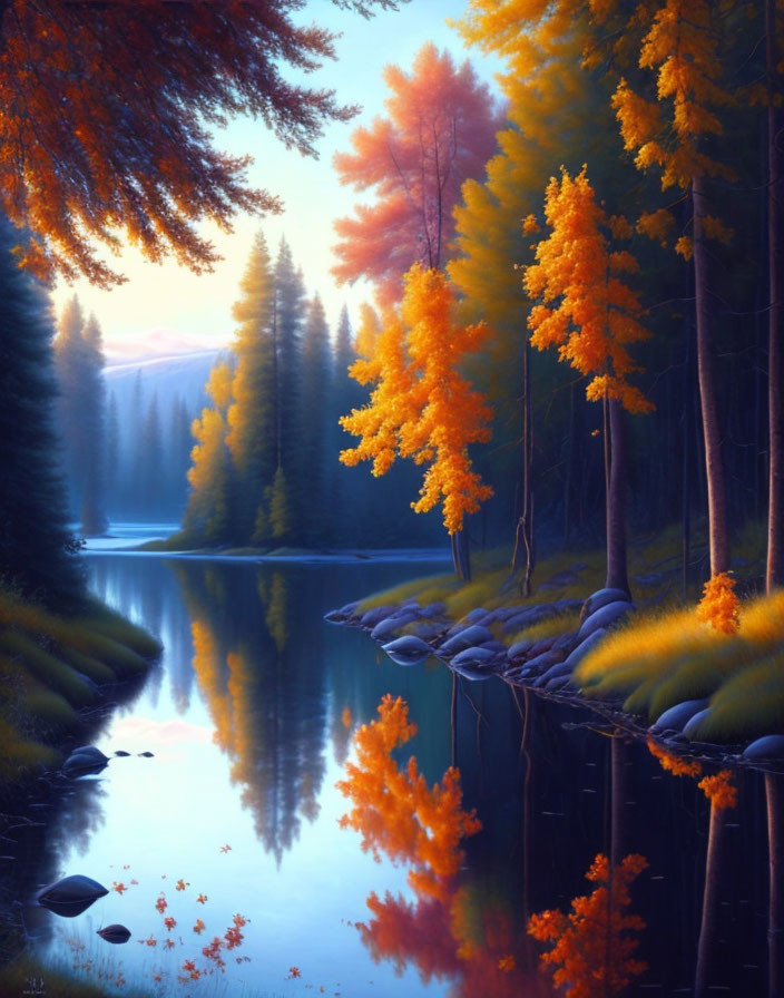 Tranquil autumn river landscape with vibrant foliage and twilight reflection