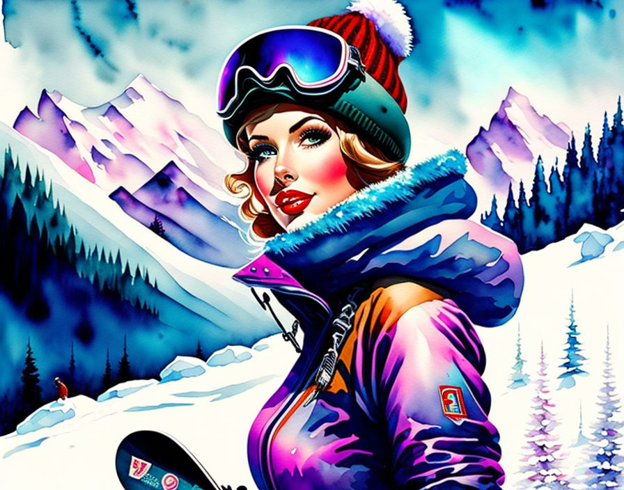 Stylish woman in ski gear with snowboard in snowy mountain landscape