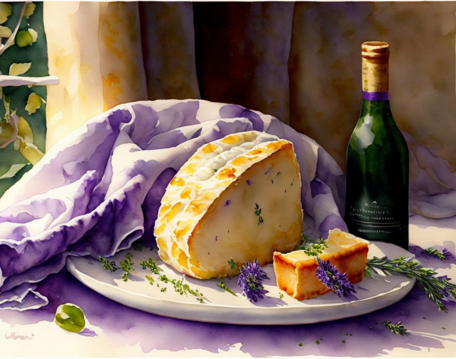 Cheese Wheel and Slices Watercolor Painting with Wine Bottle on Purple Cloth