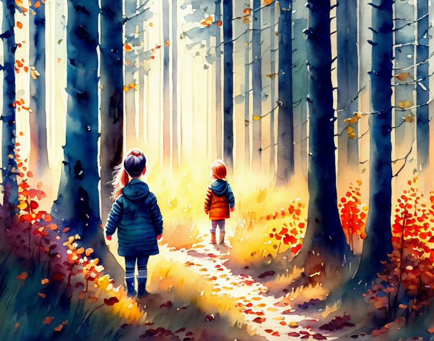 Children walking in vibrant autumn forest with sunlight and colorful foliage