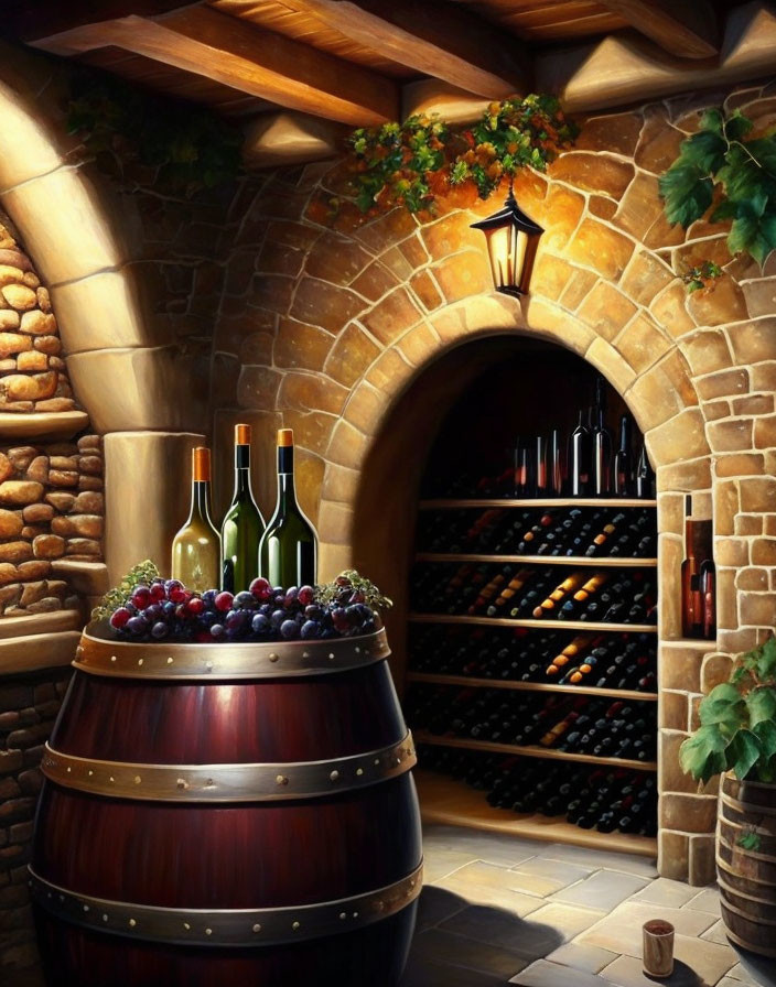 Rustic wine cellar with arched brick entrance, wooden barrels, bottles, grapes, and lantern