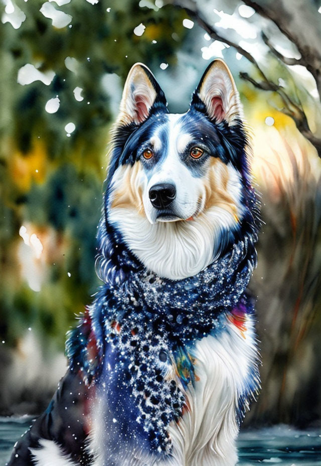 Blue and White Speckled Scarf on Border Collie with Sunlit Trees