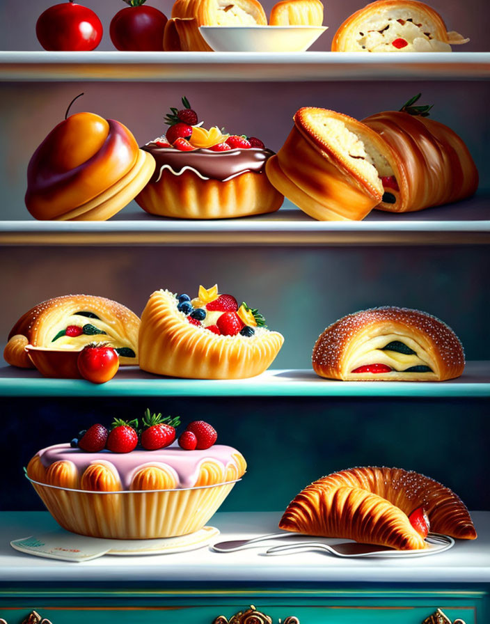 Assorted pastries with fruit, cream, and chocolate toppings displayed on shelves