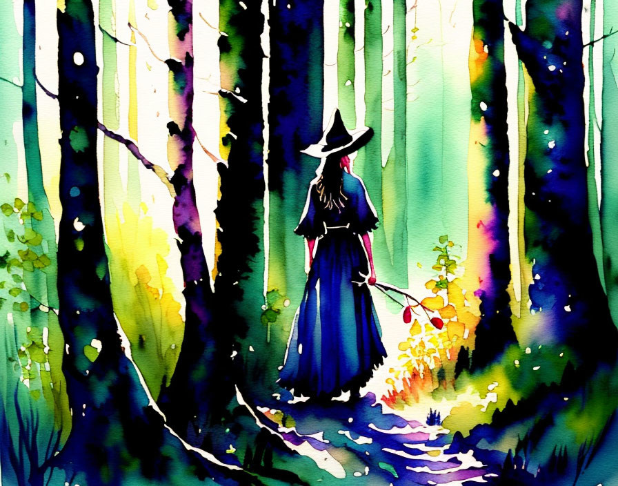 Vibrant watercolor painting of person in hat walking in birch forest