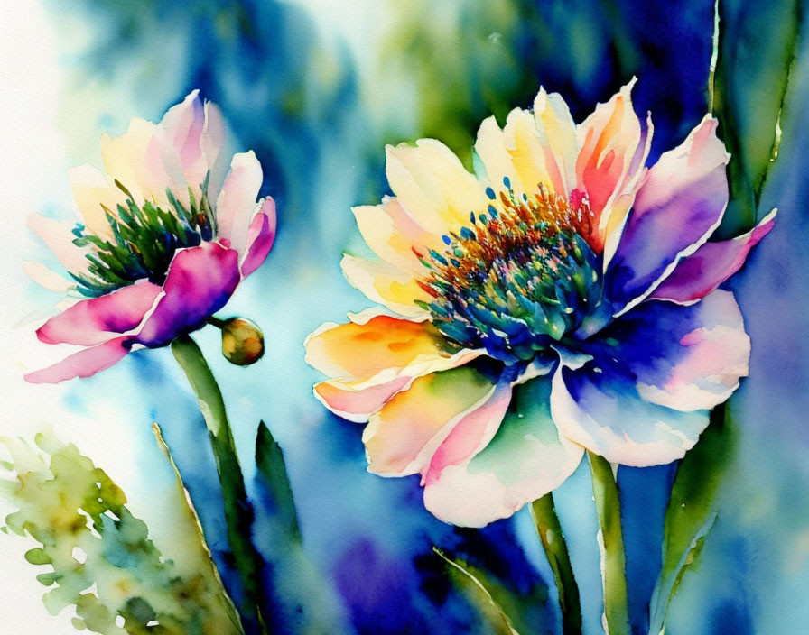 Colorful Watercolor Painting of Blooming Flowers in Pink, Yellow, and Blue Hues