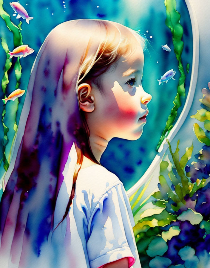 The girl at the aquarium watercolor painting