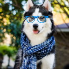 Blue and White Speckled Scarf on Border Collie with Sunlit Trees