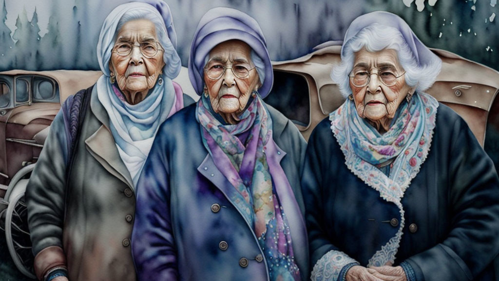 Elderly Women in Scarves and Coats by Vintage Car