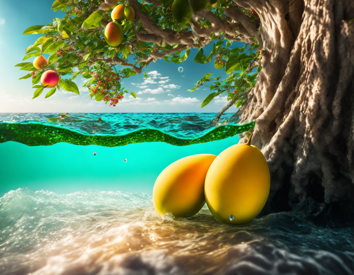 Tranquil underwater scene with mangoes by tree trunk & clear skies merging.