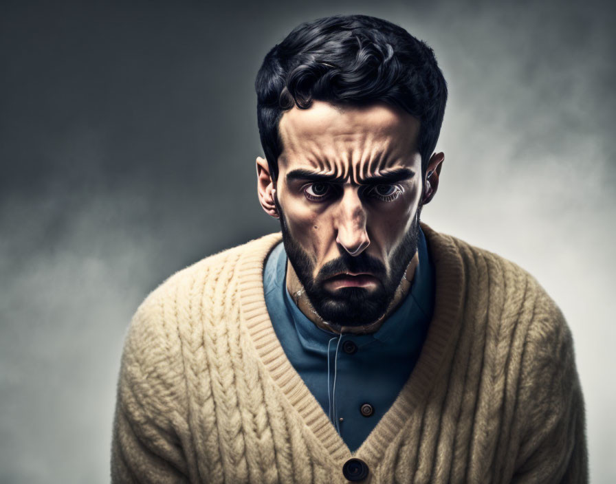 Intense man with dark hair and beard in buttoned sweater on grey background