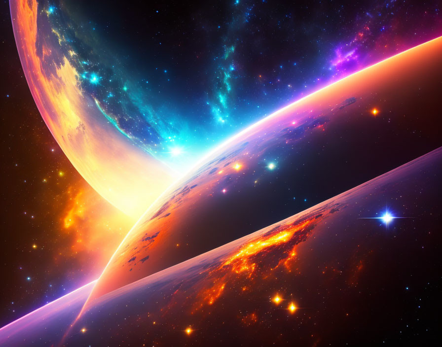 Colorful space scene with large lava planet and starburst