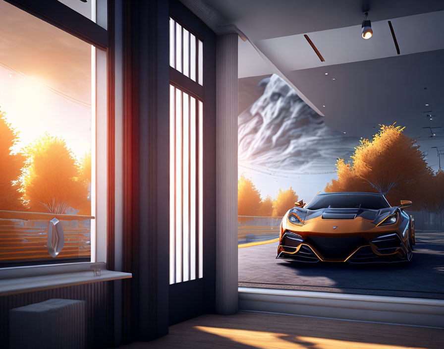 Spacious living room with large window, sports car, sunset view.