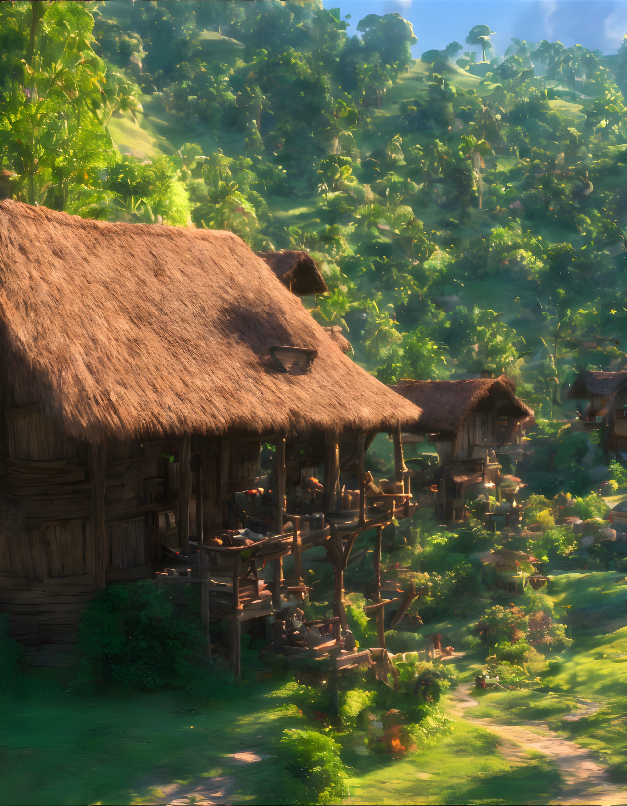 Thatched Roof Houses in Lush Green Village