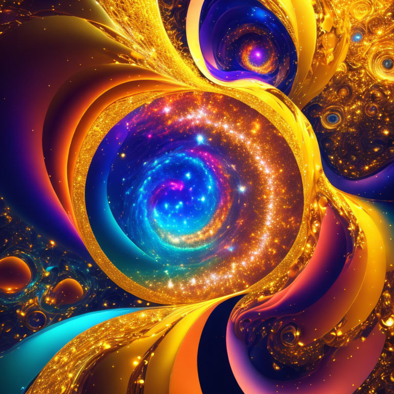 Colorful Digital Artwork: Cosmic Fractal Patterns in Gold, Blue, and Orange