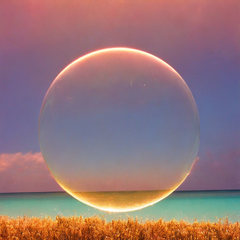 Translucent bubble floating over grassy field with ocean and sunset sky