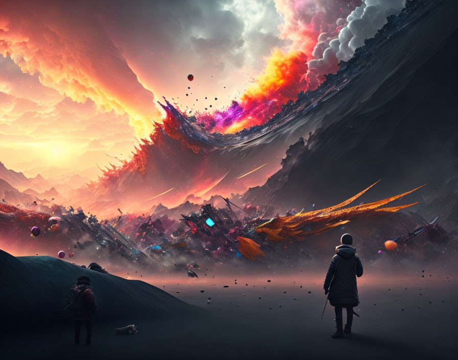 Person in jacket gazes surreal landscape with floating rocks and vibrant celestial formations.