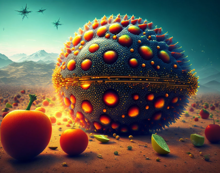 Surreal landscape with textured sphere, flying crafts, mountains, amber sky