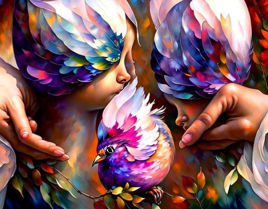 Colorful Digital Artwork Featuring People with Bird Masks Holding Bird