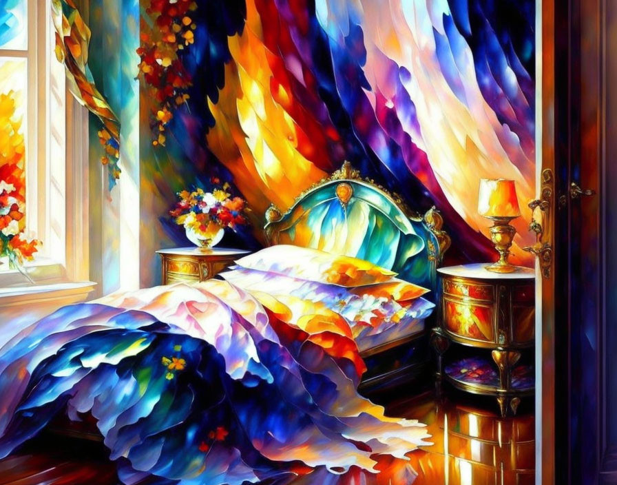 Colorful bedroom with floral quilt bed, lamp on nightstand, open window, and fiery sunset burst