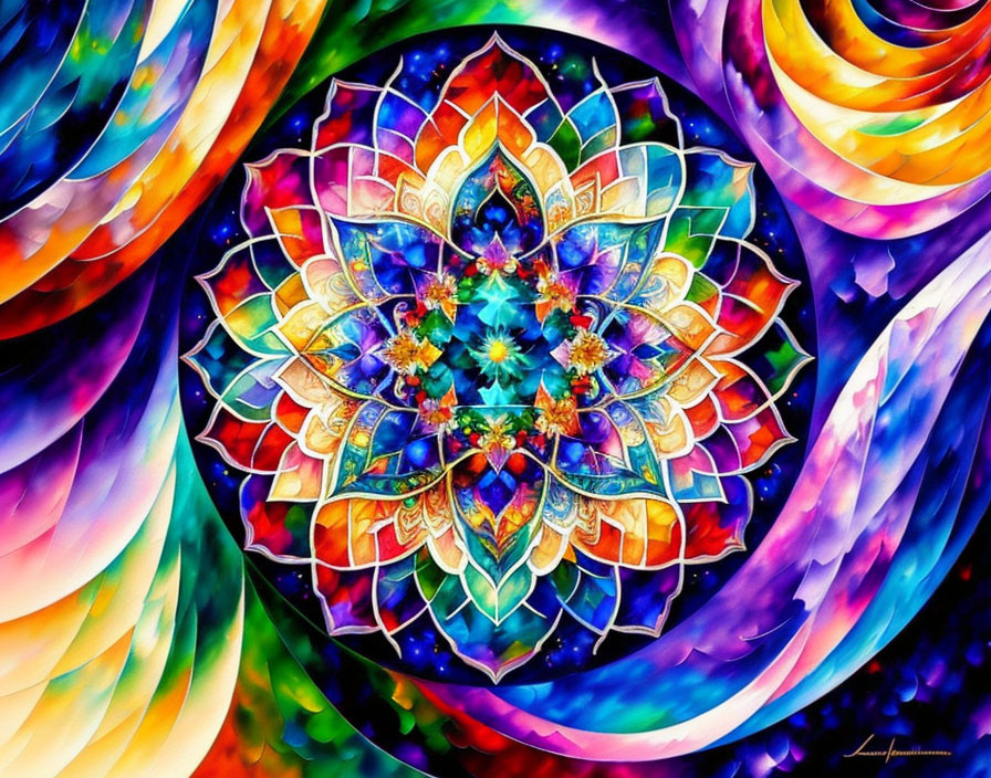 Symmetrical mandala with intricate patterns on swirling rainbow background