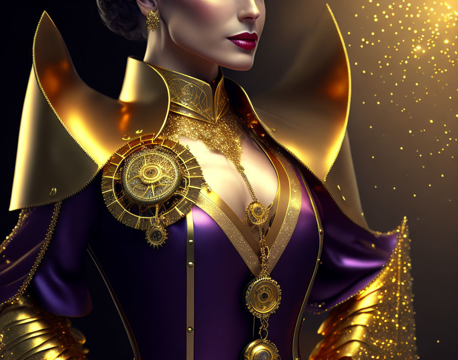 Digital artwork: Woman in gold and purple costume with intricate details