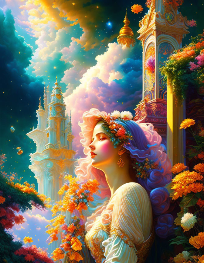 Colorful illustration of woman with floral crown in front of castle & clouds