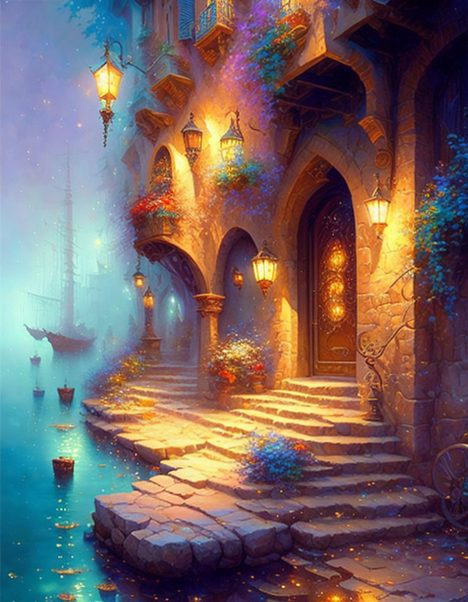 Cobblestone Street with Colorful Flowers and Lanterns Leads to Misty Harbor at Twilight