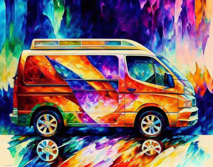 Colorful Psychedelic Van Painting with Melting Rainbow Background