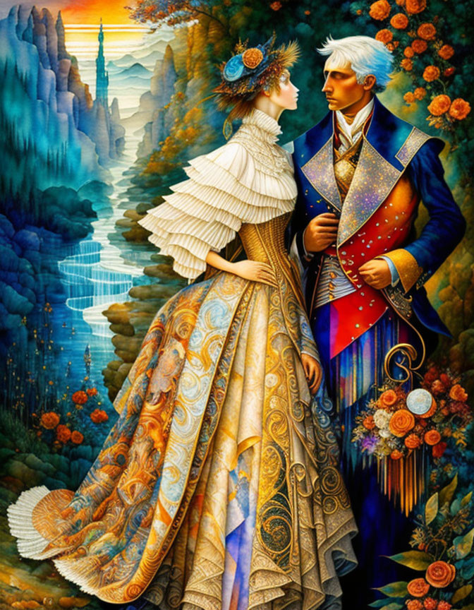 Fantasy couple in elaborate attire in vibrant forest landscape