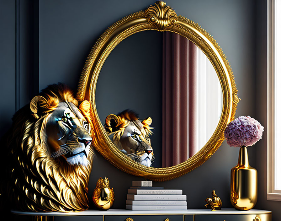 Majestic lion reflected in ornate mirror with elegant decor