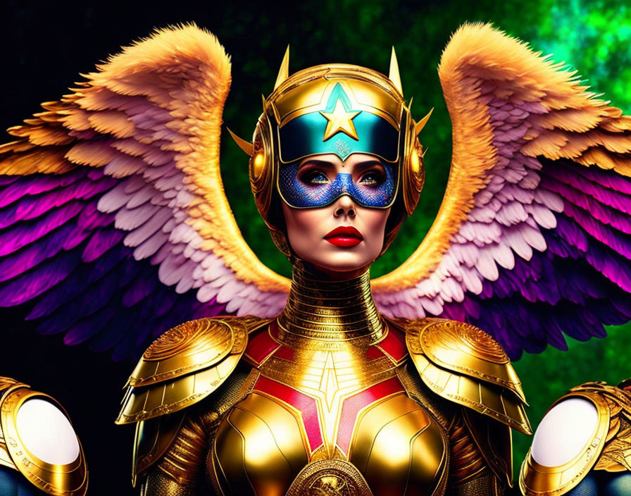 Female superhero with golden armor and purple wings in cosmic digital artwork