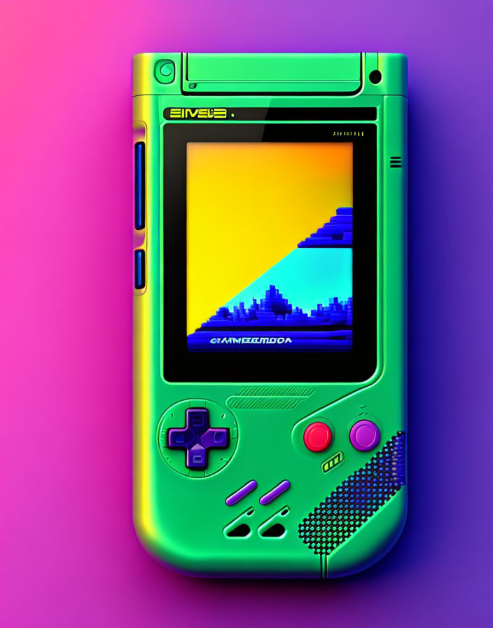 Pixelated game screen on colorful retro handheld gaming device