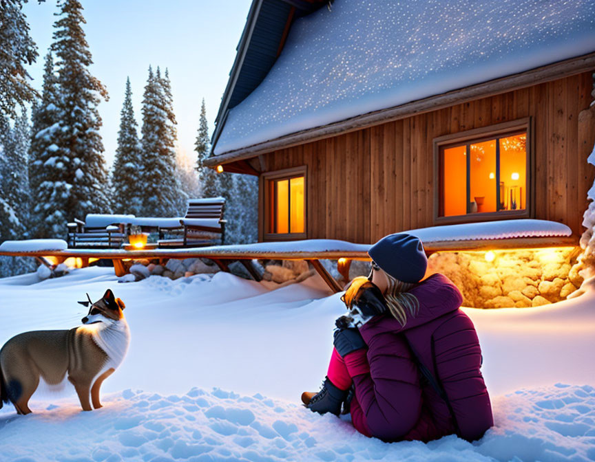 Person in Pink Jacket Sitting with Dog in Snow Near Cozy Cabin