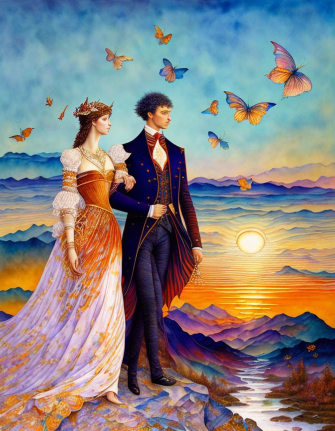 Man and woman in vintage attire in surreal sunset landscape with butterflies.