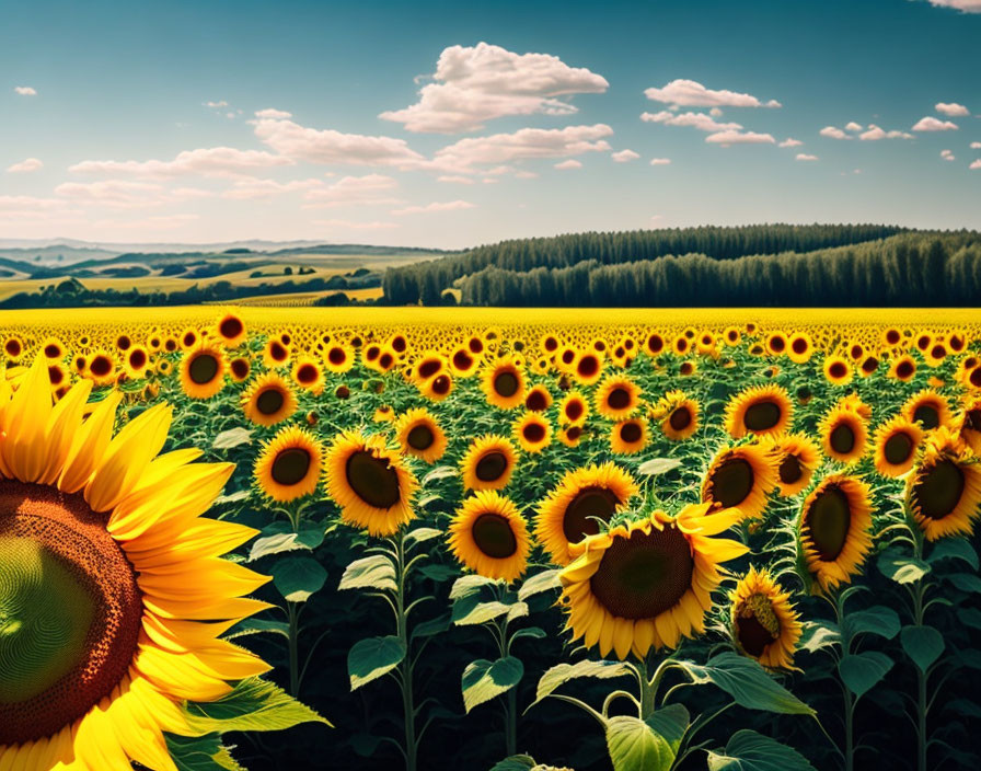 Picturesque sunflower field with blue sky and green hills