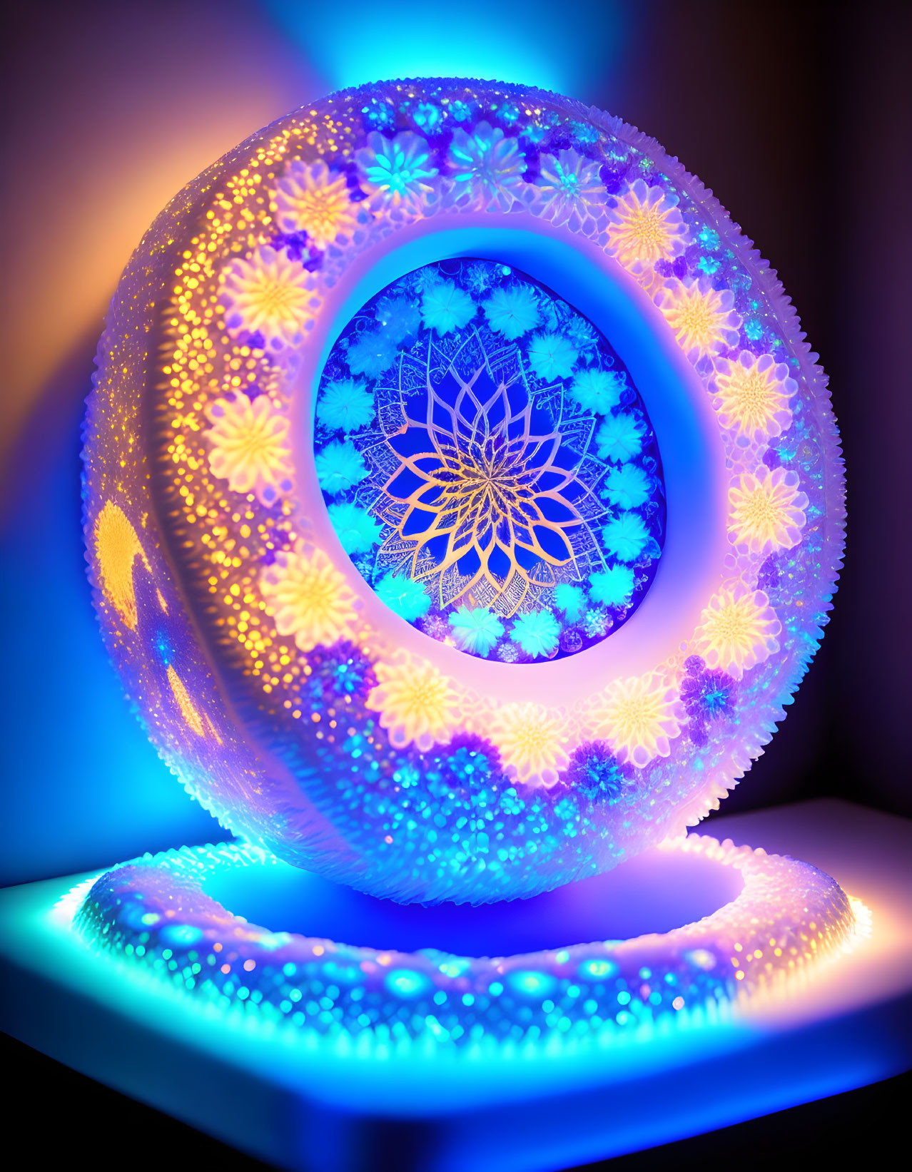 Colorful glowing mandala with floral patterns in translucent sphere.