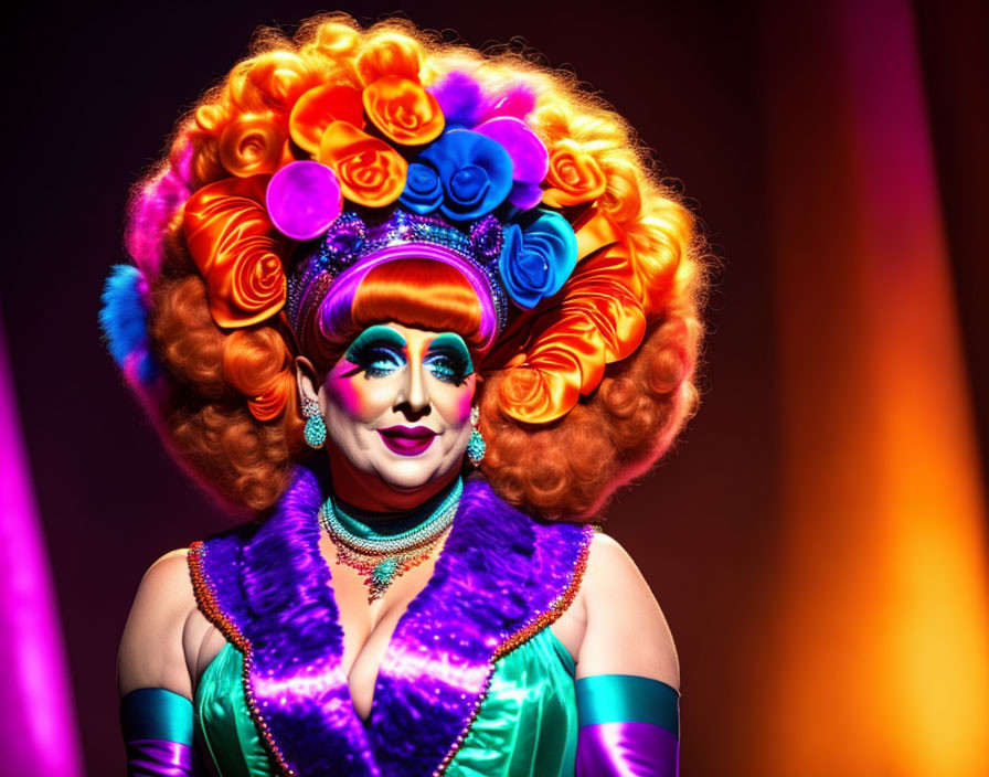 Colorful Drag Queen in Teal and Purple Outfit with High Wig