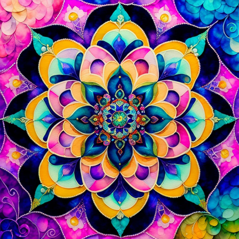 Colorful Symmetrical Mandala Design in Purples, Blues, Greens, and Yellows