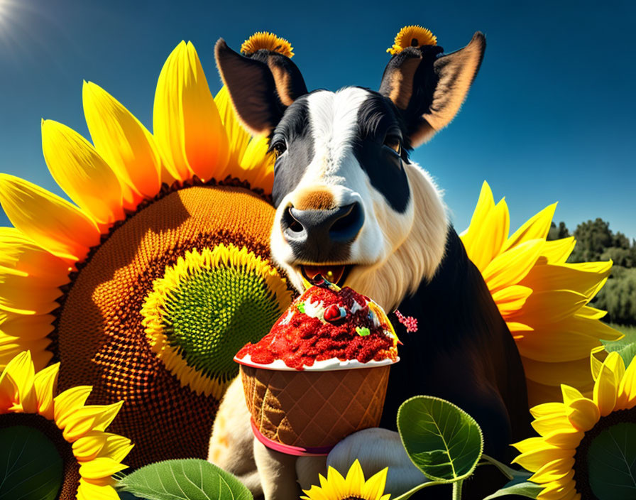 Cow with Sunflower Ears Holding Ice Cream Cone in Sunny Field