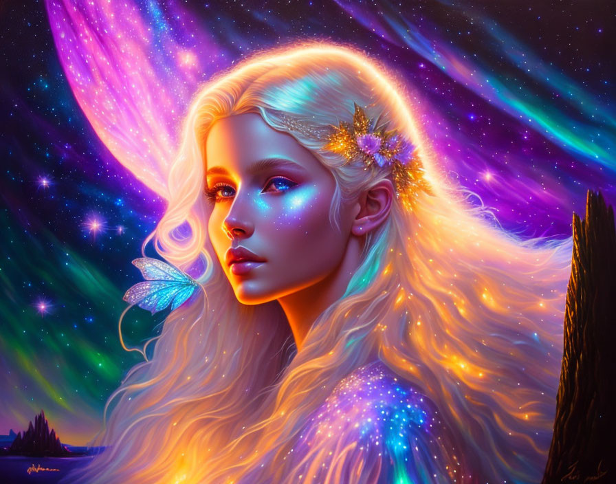 Fantasy illustration: Glowing blonde woman with star sparkles, golden accessory, luminescent butterfly