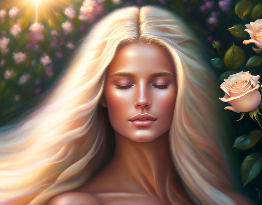 Blonde woman in serene digital painting with flowers