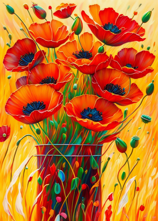 Colorful painting of red poppy bouquet in transparent vase on warm yellow background